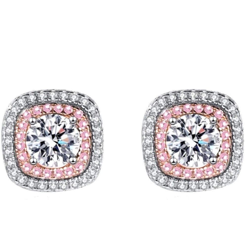 Moissanite Lab Diamond and Pink Zircon Square Halo Studs, Silver